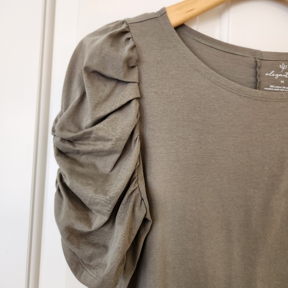 Elegant Tees Top Olive Green Ruched Sleeves Short Sleeve Scoop Neck Large - Picture 6 of 12